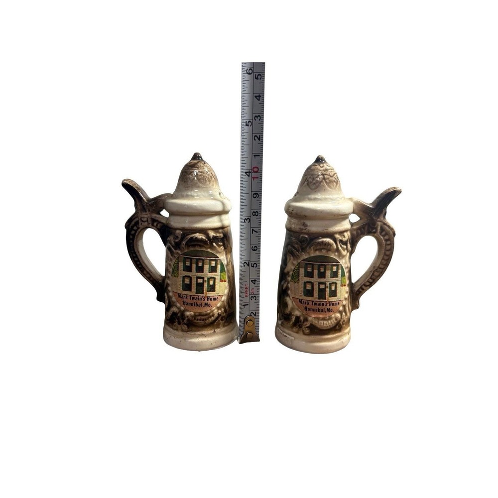 Vintage Ceramic Beer Stein Salt & Pepper Shakers with Handles Mark Twain's House - Picture 7 of 8